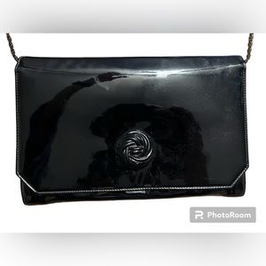 Vintage Ande Black Patent Envelope‎ Clutch Shoulder Chain Handle